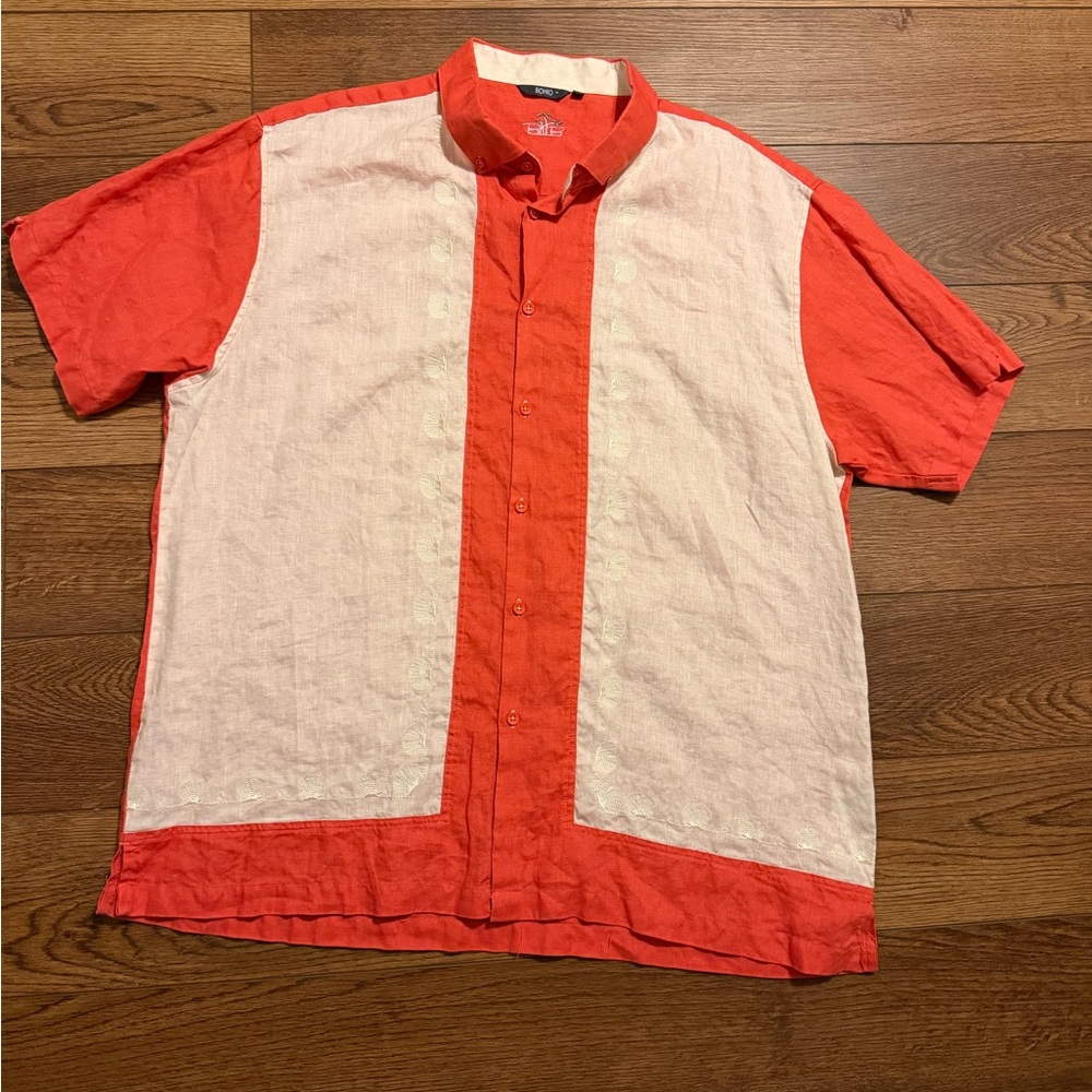 Bohio Mens 3XL‎ Guayabera Shirt Coral White Linen Blend Embroidered Shells S/S